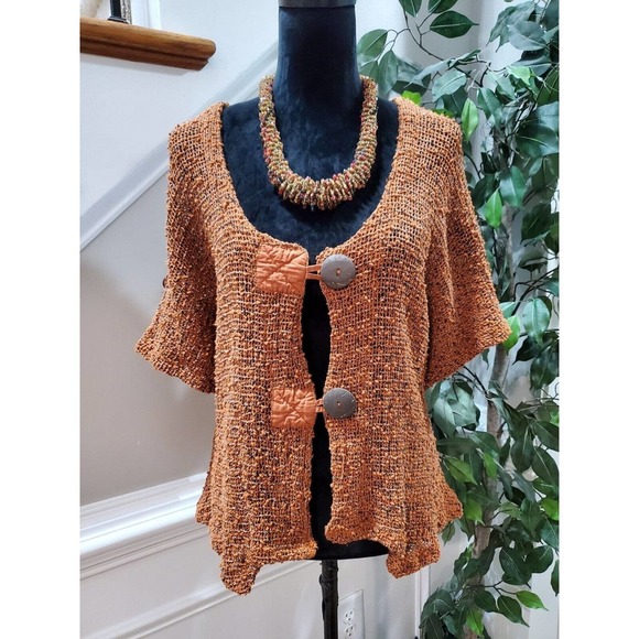 Frazzle Women Brown Cotton Half Sleeve Buttons Front Casual Knit Sweater Size L - Picture 2 of 14